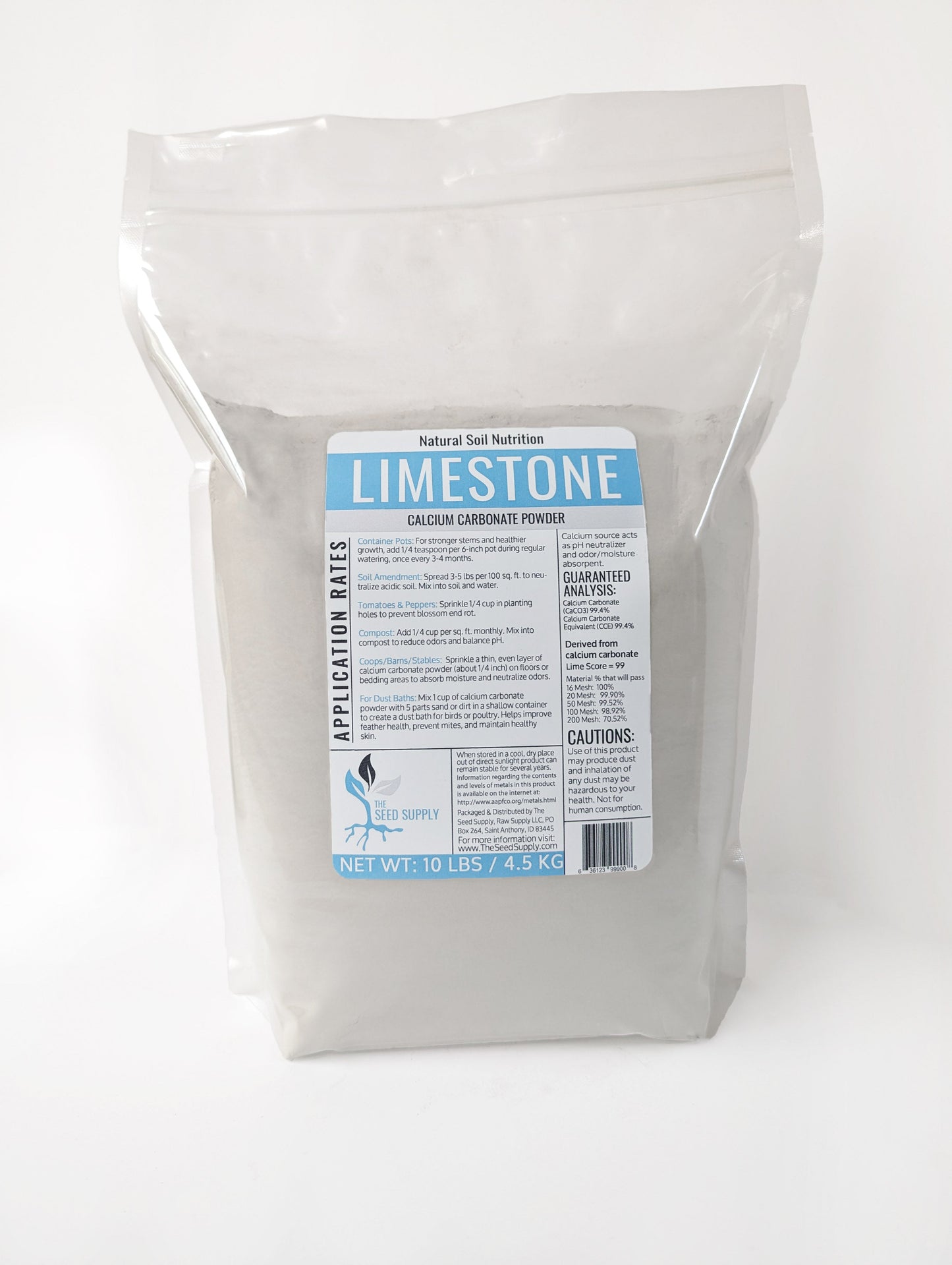 Calcium carbonate limestone powder in a resealable bag for soil pH adjustment and plant health.