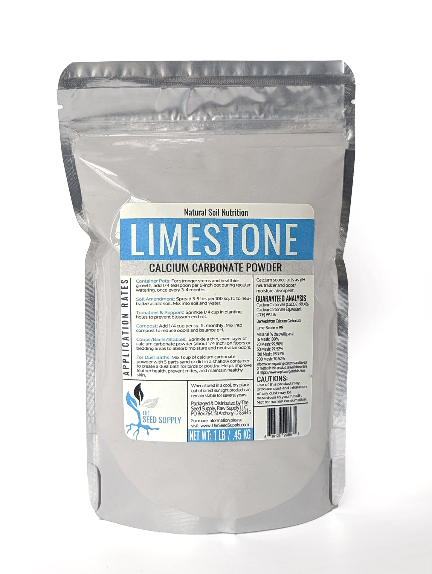 Calcium carbonate limestone powder to reduce soil acidity and promote healthy plant growth.