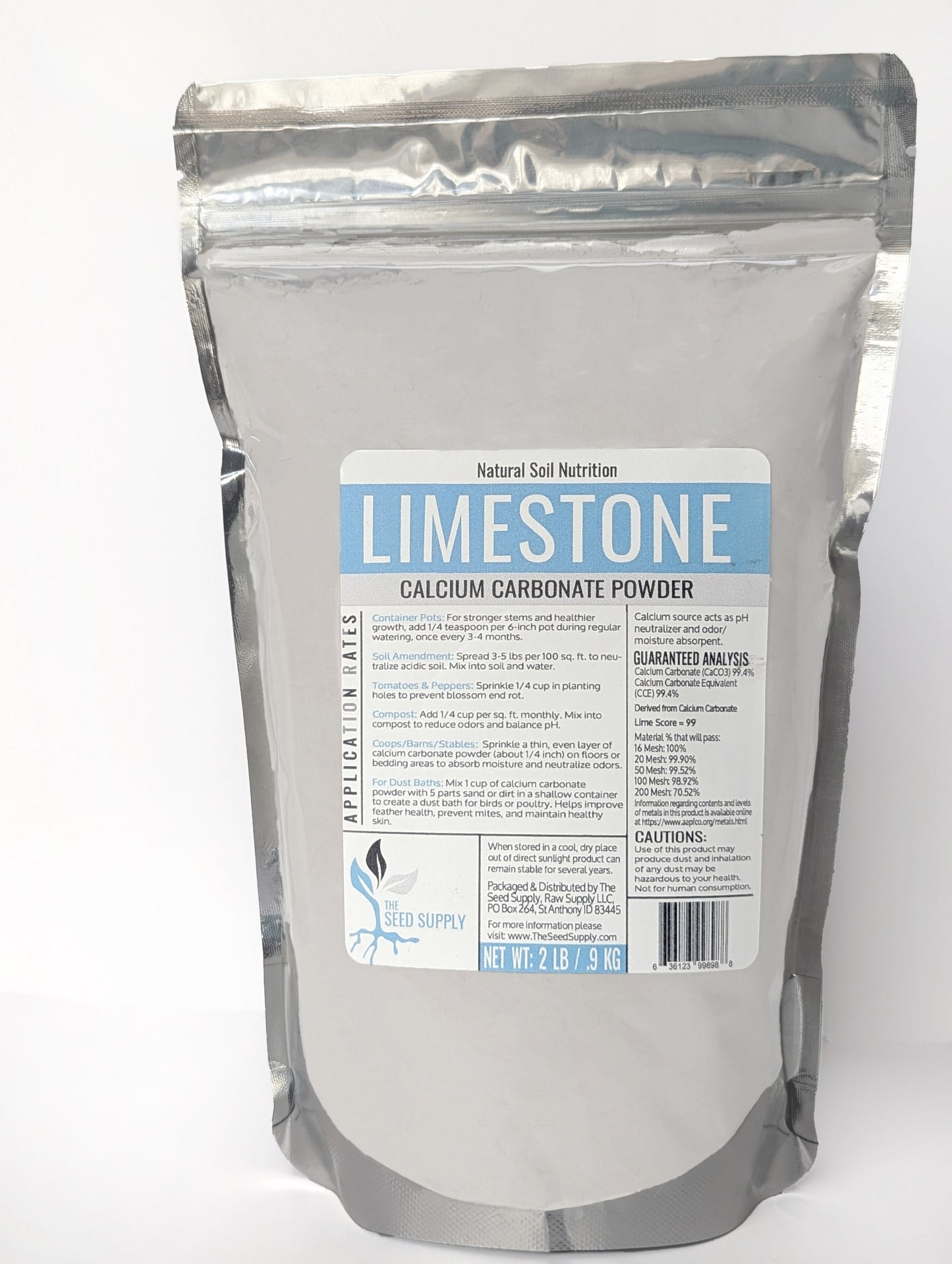Bag of calcium carbonate limestone powder for lawns, flower beds, and vegetable gardens.