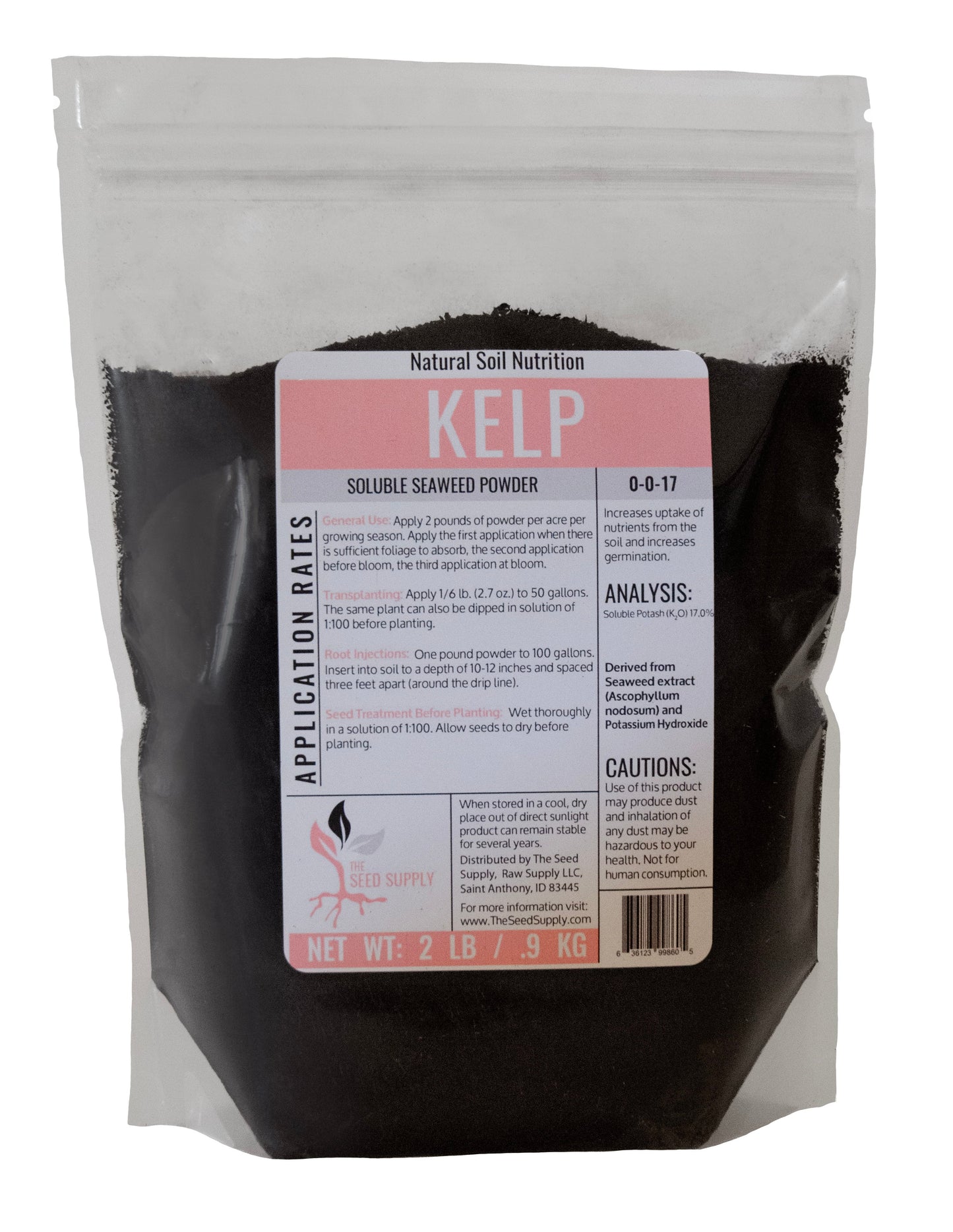 Soluble kelp powder providing essential micronutrients for plant growth.
