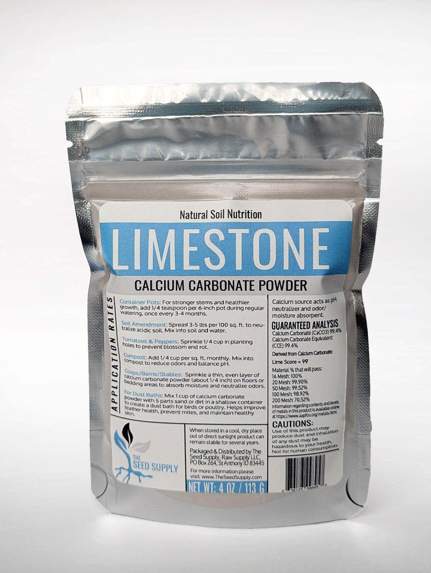 Calcium carbonate limestone powder in a resealable bag for soil pH adjustment and plant health.