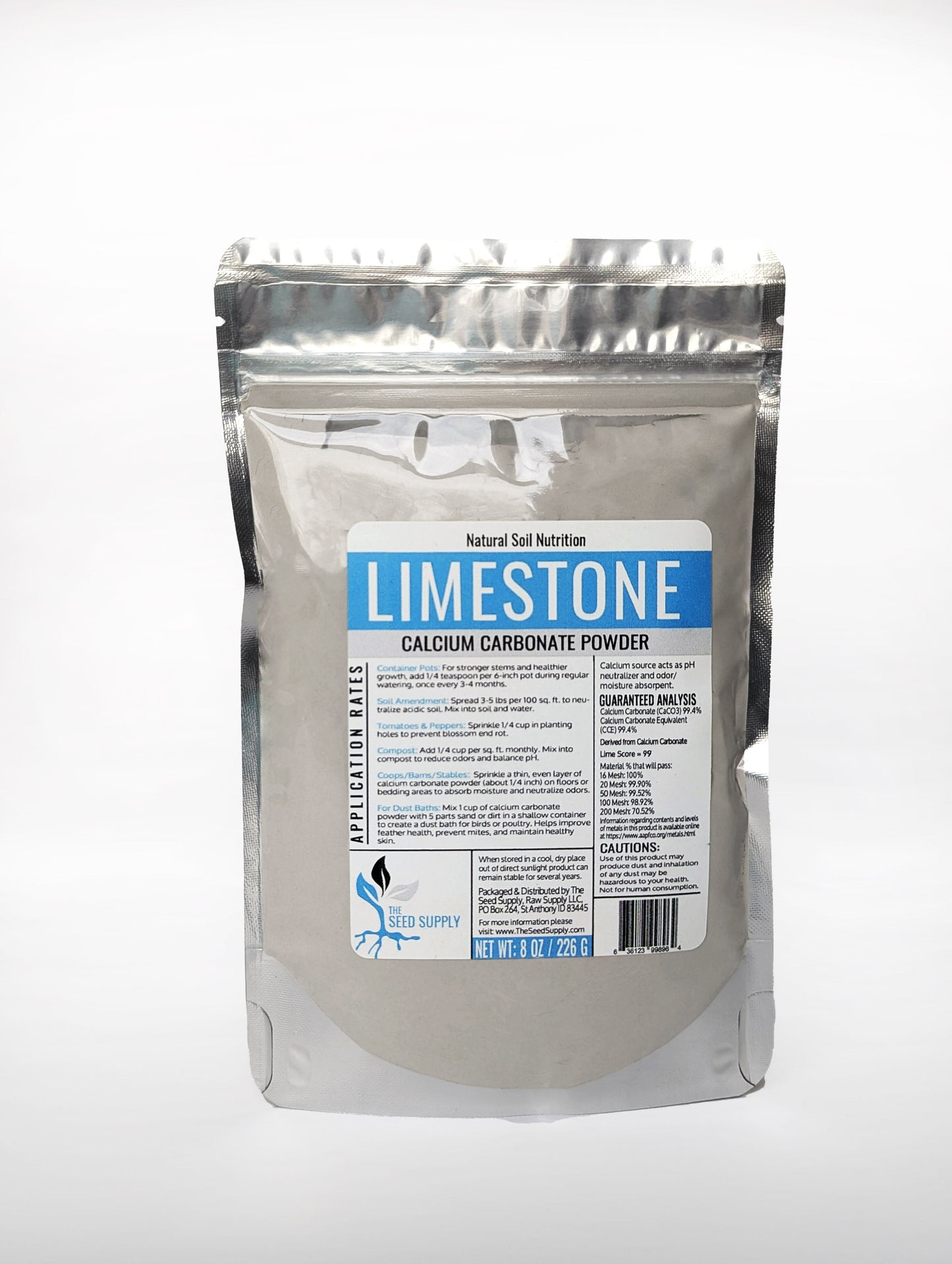 Calcium carbonate limestone powder to reduce soil acidity and promote healthy plant growth.