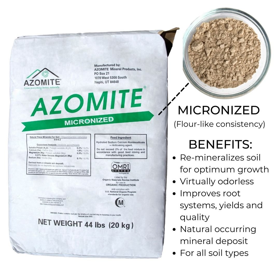 Fine-textured Azomite powder providing 67 essential trace minerals for plants