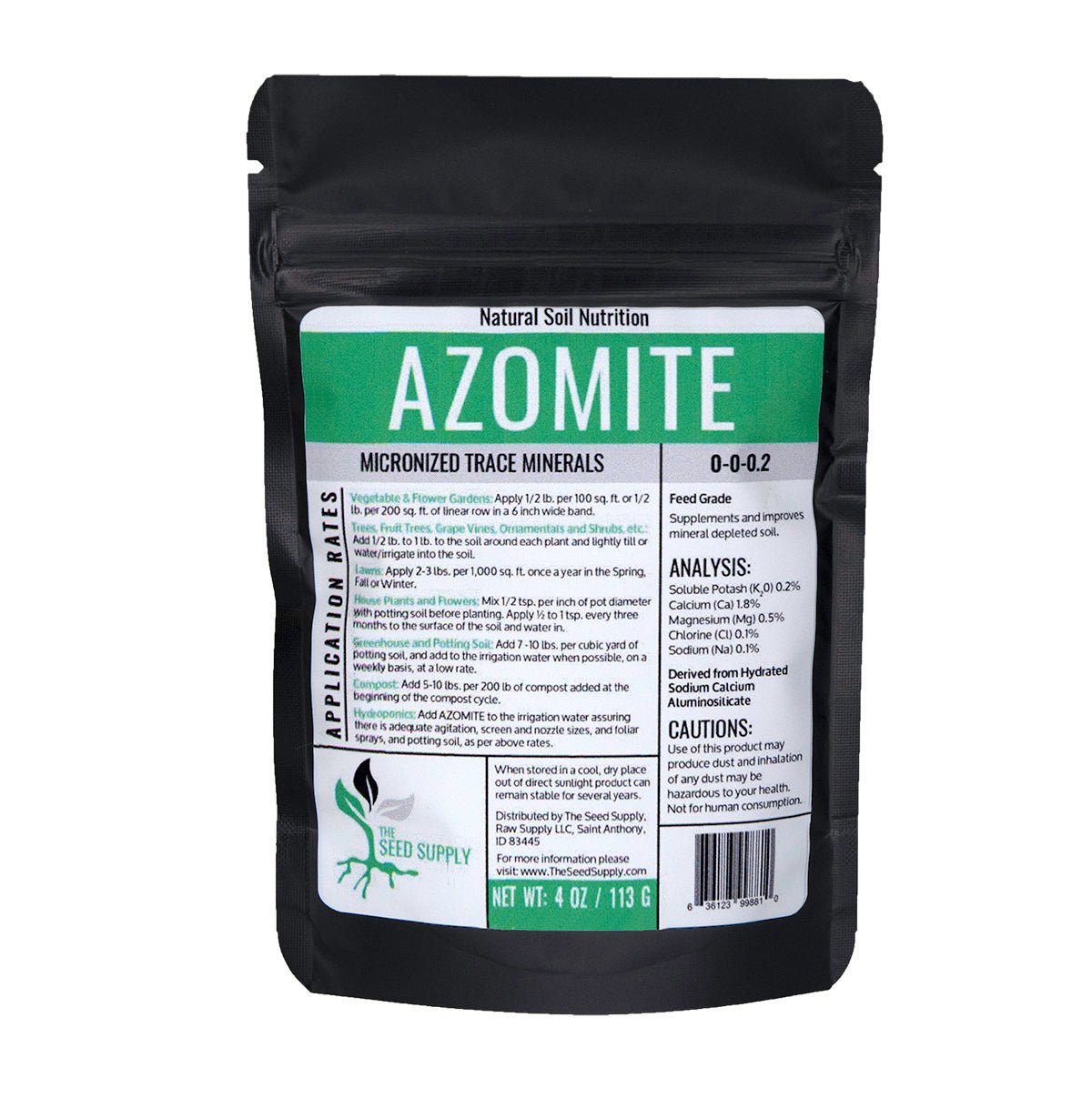 Micronized Azomite powder in a resealable bag, perfect for soil remineralization.