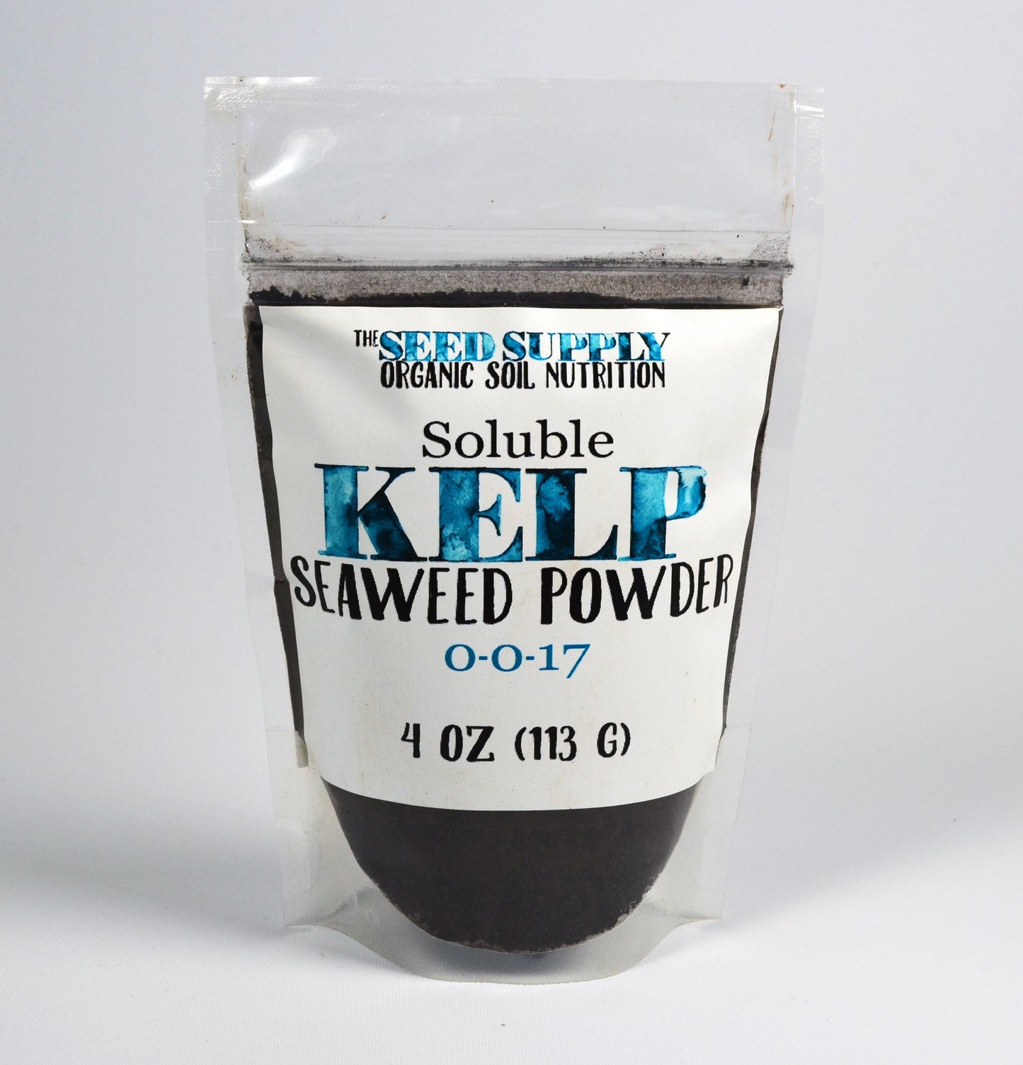 Soluble kelp powder in a resealable bag, ideal for organic gardening.