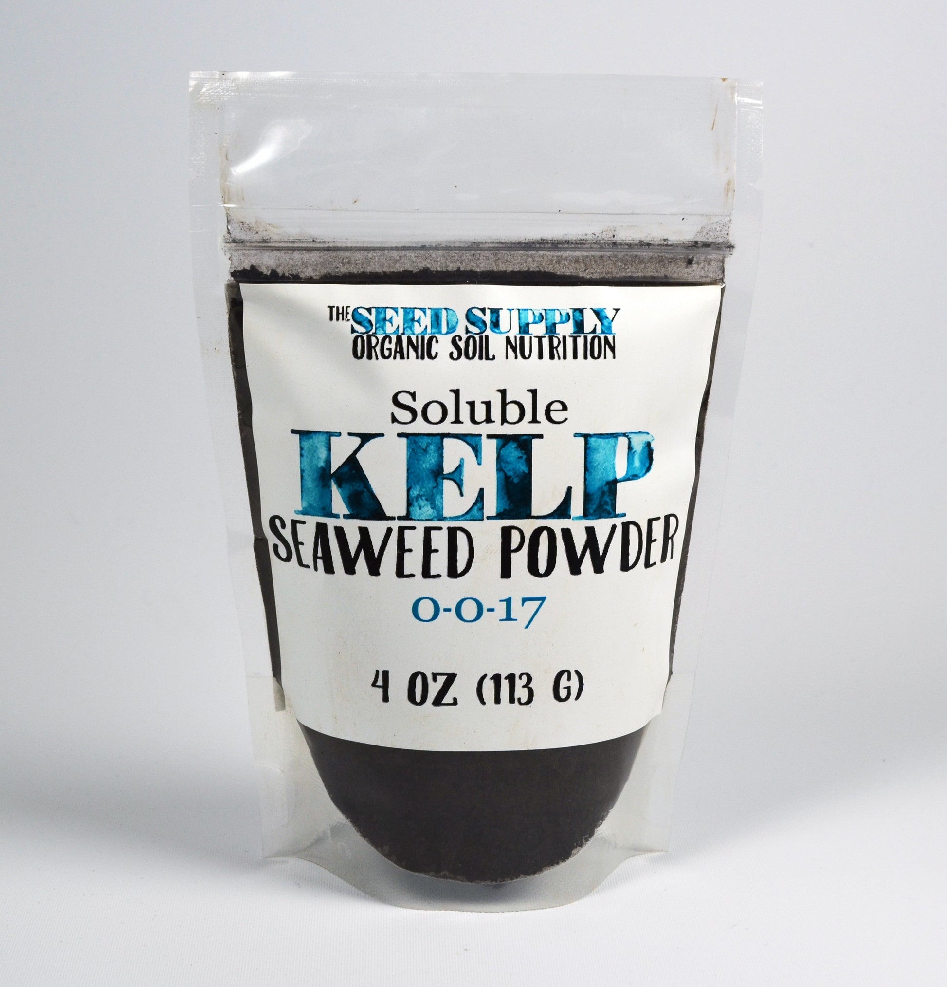 Soluble kelp powder in a resealable bag, ideal for organic gardening.
