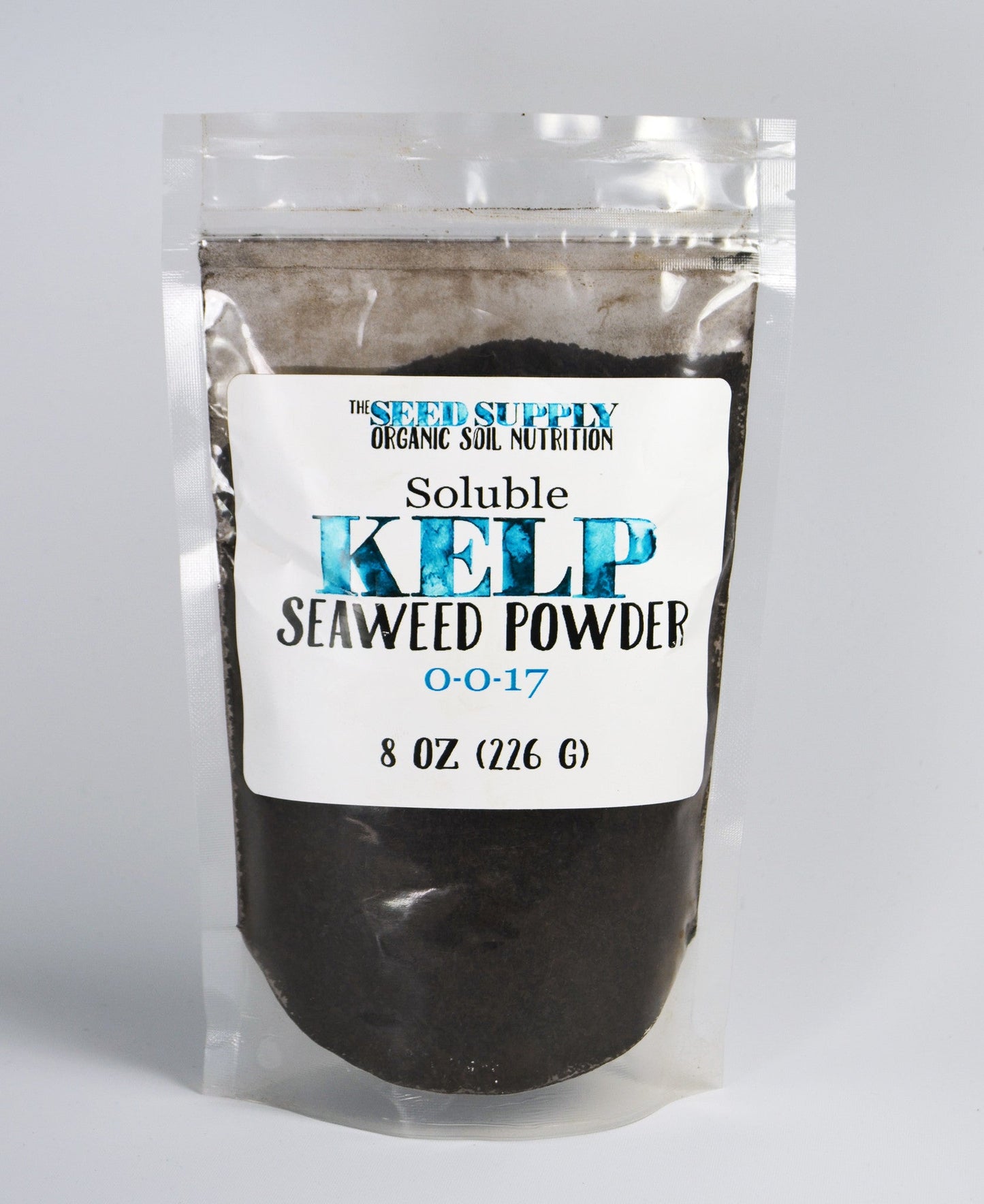 Soluble kelp powder in a resealable bag, ideal for organic gardening.