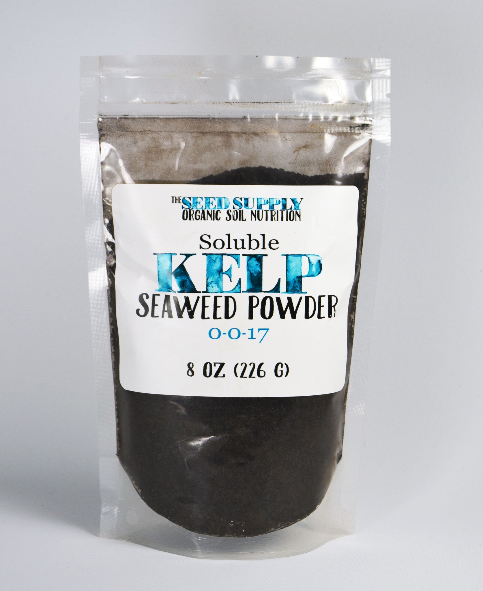 Soluble kelp powder in a resealable bag, ideal for organic gardening.