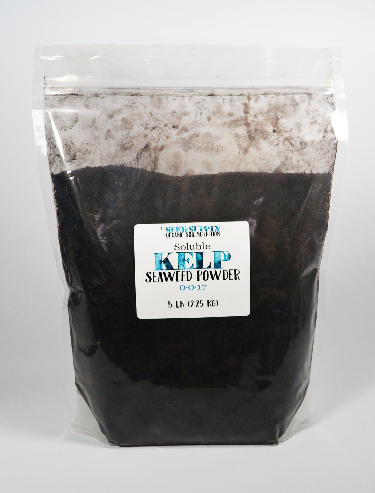 Soluble kelp powder in a resealable bag, ideal for organic gardening.