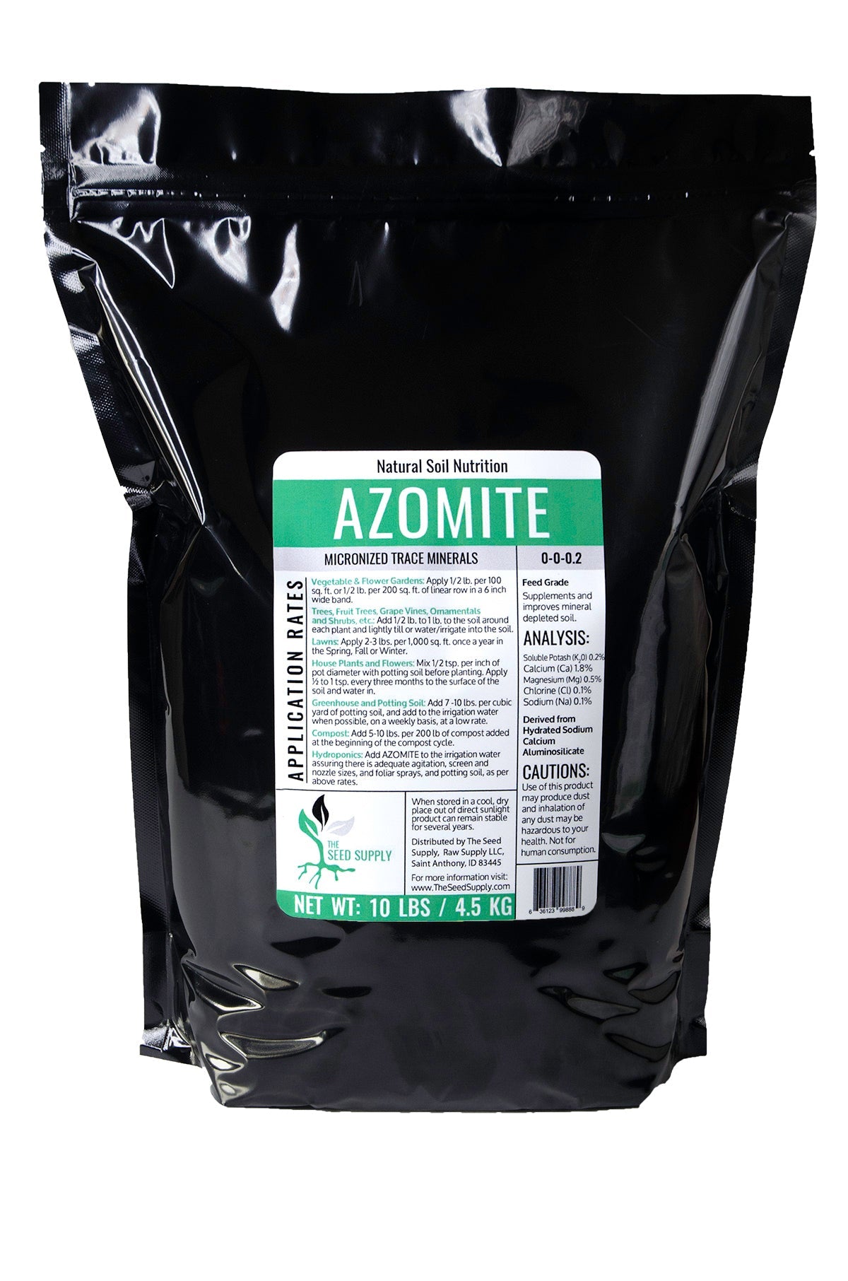 Micronized Azomite powder in a resealable bag, perfect for soil remineralization.