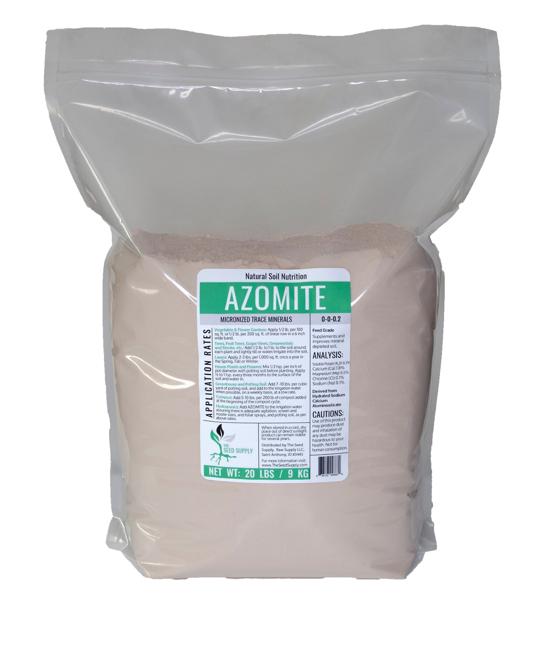 Micronized Azomite powder in a resealable bag, perfect for soil remineralization.