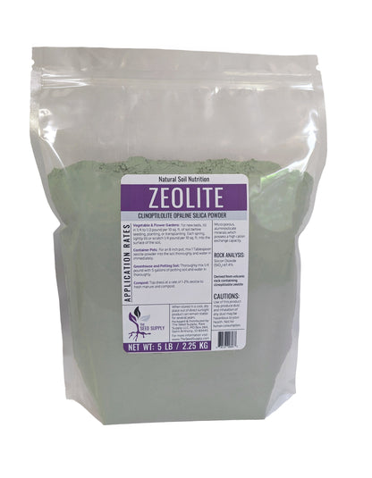 Fine clinoptilolite zeolite powder in a resealable bag, perfect for soil amendment and water retention.