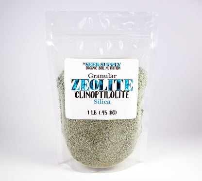 Granular clinoptilolite zeolite in a resealable bag, ideal for soil aeration and water retention.